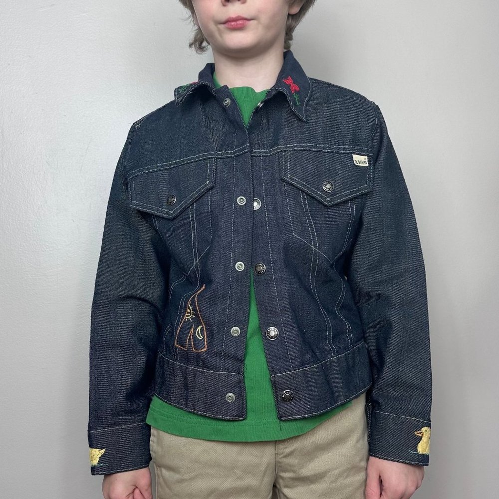 Vintage 1970s Kids Blue Jean Jacket Embroidered Toughskins Denim Sears Size 8/9
